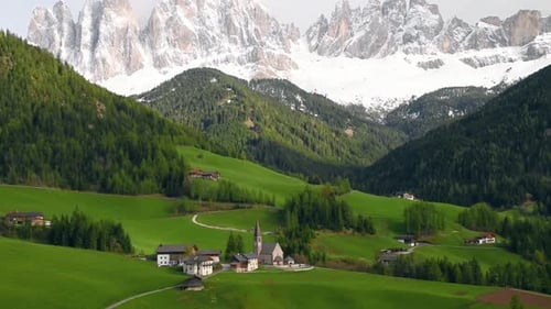 Spring Landscape of Dolomites Alps Famous Santa Magdalena Village with Church and Beautiful Dolomiti