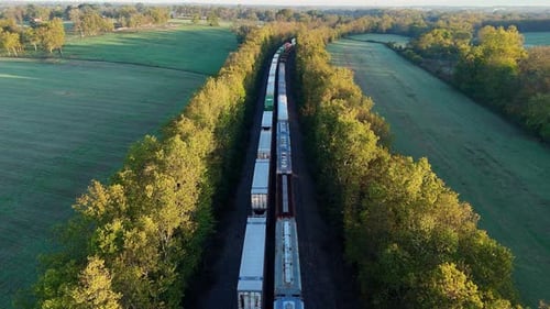 Long freight train moving through rural landscape, aerial view of transport logistics