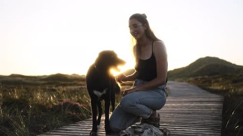 Woman Petting Dog on Wooden Walkway at Sunset
