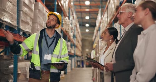 Industrial, business team and factory with management, investors and manufacturing planning