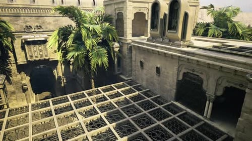 Tranquil Curved Hallway Adorned with Silhouettes of Palms and Rough Stones