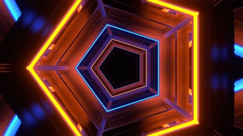 Orange And Blue Neon Mirrored Pentagonal Tunnel Background Vj Loop In 4K
