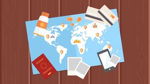 Flat Design Animated World Map with Travel Items