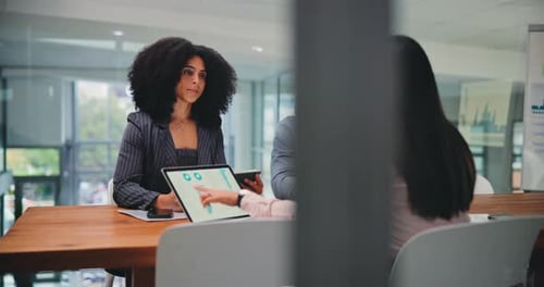Teamwork, laptop and research with business people in office for meeting, investment data and chart
