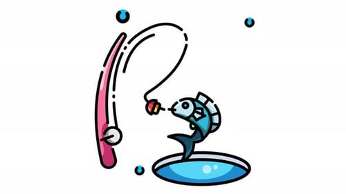 Animated Fishing Rod and Jumping Fish Sketch Icon