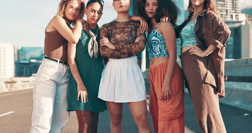 Fashion, gen z and woman friends in city together for girl power, support or trendy style