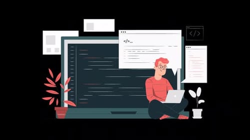 Flat Design Animation of Programmer Coding on Laptop