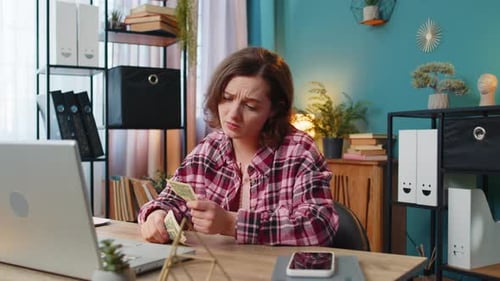 Woman Counting Cash Insufficient Amount of Money Financial Crisis Bankruptcy Poverty Destitution