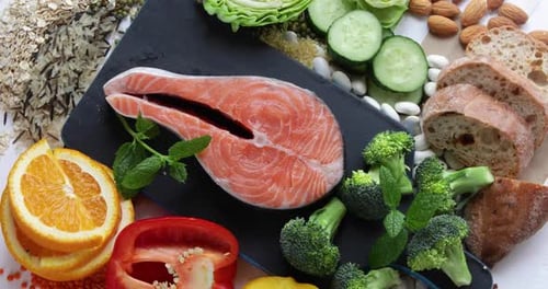 Fresh Salmon with Fruits and Vegetables Overhead