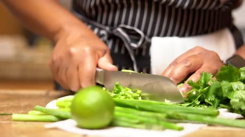 Chopping cilantro and adding lime and green onions for a flavorful Mexican relish - isolated slow mo