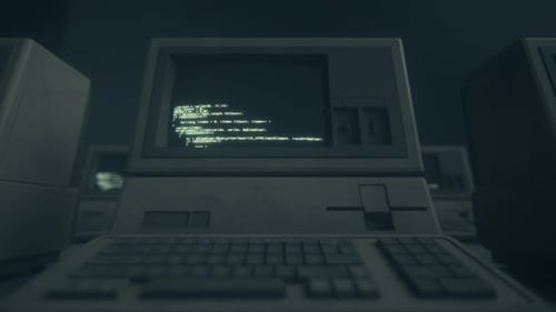 Retro Computer Terminal With Glowing Code in Dark Cinematic Room