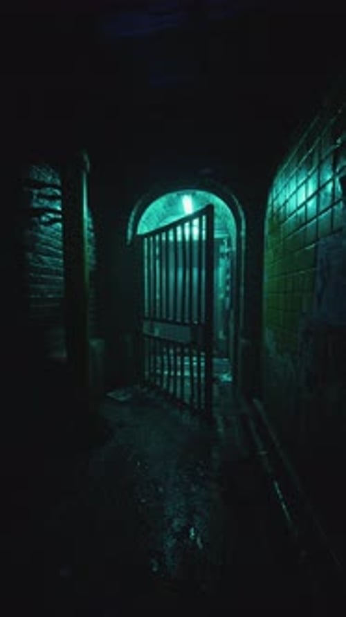 Dark Tunnel With Barred Iron Gate
