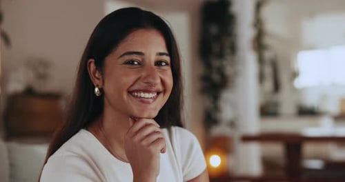 Smiling Woman Posing in Bright Home Interior