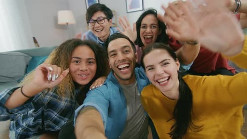 At Home Diverse Group of Friends Doing Collective Video Stream, Guy Lifts Camera. People Smile, Lau