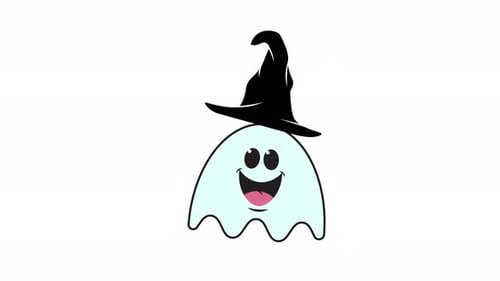 Animated ghost icon flying in mystic with hat halloween. Spooky Halloween Illustration