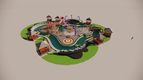 Vibrant water park with colorful attractions and playgrounds