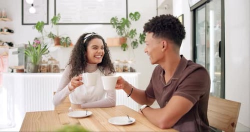 Toast, coffee shop and couple with conversation, customers and lunch with students