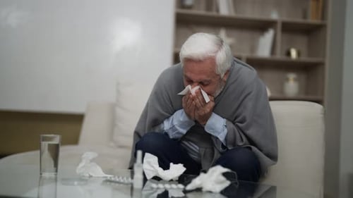 Homme âgé souffrant de rhume à la maison, homme âgé enveloppé dans un plaid, assis sur un canapé, éternuant
