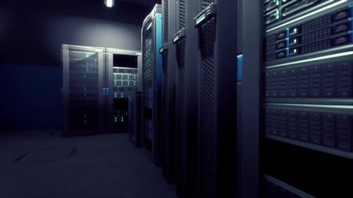 Shot of Corridor in Working Data Center Full of Rack Servers and Supercomputers