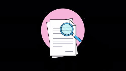 Animated Flat Design Document Analysis with Magnifying Glass