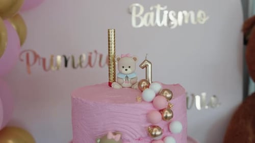 Cute Pink Birthday Cake with Teddy Bear Decoration
