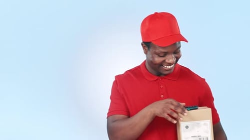 Delivery, pay machine or black man with box, package or parcel on blue background with smile