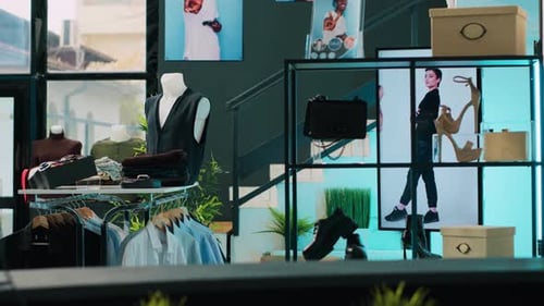 Empty Trendy Clothing Store Selling Fashionable Items and Shoes