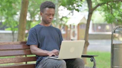 African American Man Doing Video Call on Laptop in Park
