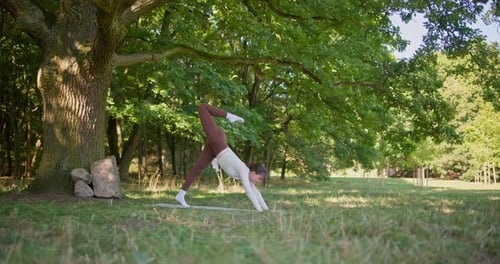 Young Beautiful Athletic Woman in Sportswear Doing Stretching and Warming Up in the Park Near a Tree
