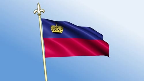 Liechtenstein Flag Waving on Golden Pole with Blue Sky