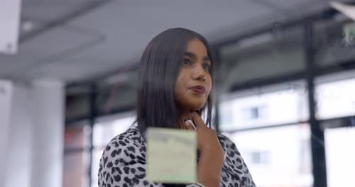 Thinking, planning board or business woman work on project solution, problem solving strategy