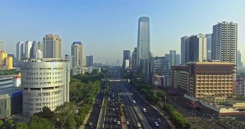 Jakarta, 19 August 2019, Aerial view of Jakarta city buildings and toll roads in the morning busy wi