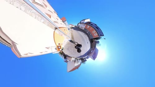 Little Tiny Planet 360 Small World View Of A Man Walking In Bavaria Village in 4K