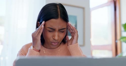 Woman, headache and stress on laptop studying, e learning and education fail