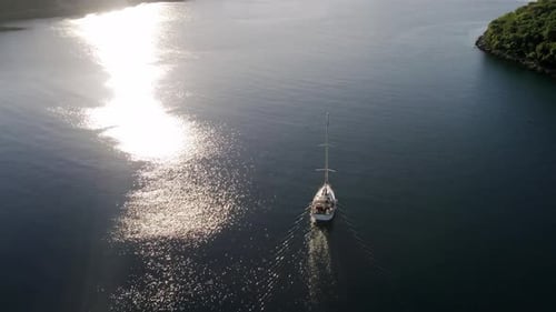 Aerial View on Beautiful Seascape and Sailing Boat in Sea at Summer Day