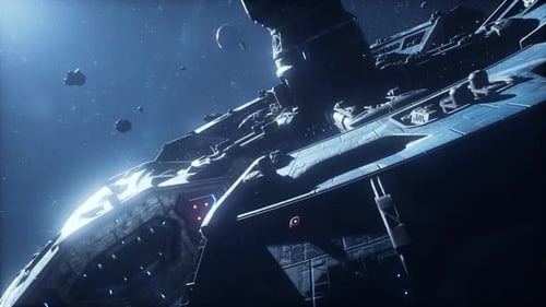 Futuristic Space Battleship Cruising Through Deep Space