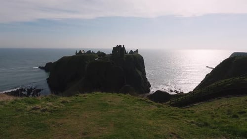 Panoramic view of Dunnottar Castle revealing the castle's magnificence against the backdrop of the e