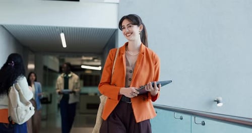Woman, college student and tablet with typing at campus, notification and search for class schedule