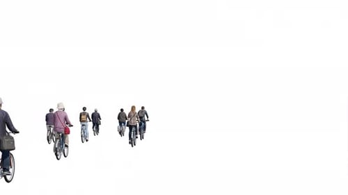 Rear View 3d Group of Cyclist on White Background Alpha Channel with Copy Space