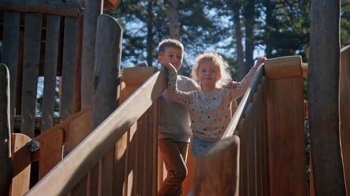 Happy Siblings on Playground Slide