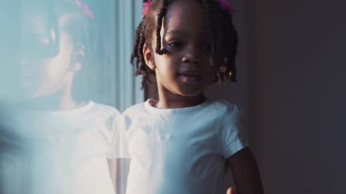Cute Portrait of Adorable Mixed Race AfricanAmerican Girl with Braids Smiling Standing Near the