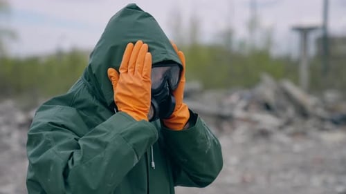 Mann im Chemikalienschutzanzug. Mensch in Sicherheitsuniform und Gasmaske steht an einem verlassenen Ort.