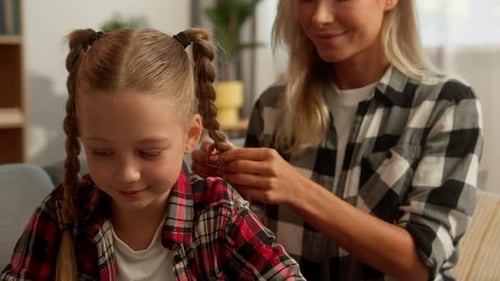 Cheerful Family Loving Caucasian Female Lady Mother Braiding Hair Little Girl Daughter Kid Parent