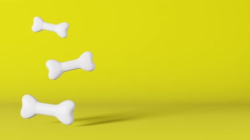 Realistic healthy white dog bones vitamins 3d animation loop Pet shop banner yellow background 4K