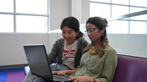 Young Creative Businesswomen Using Laptop In Office Lobby