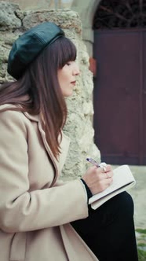 Woman Poet Writing Poems Outdoor In Her Rural Town