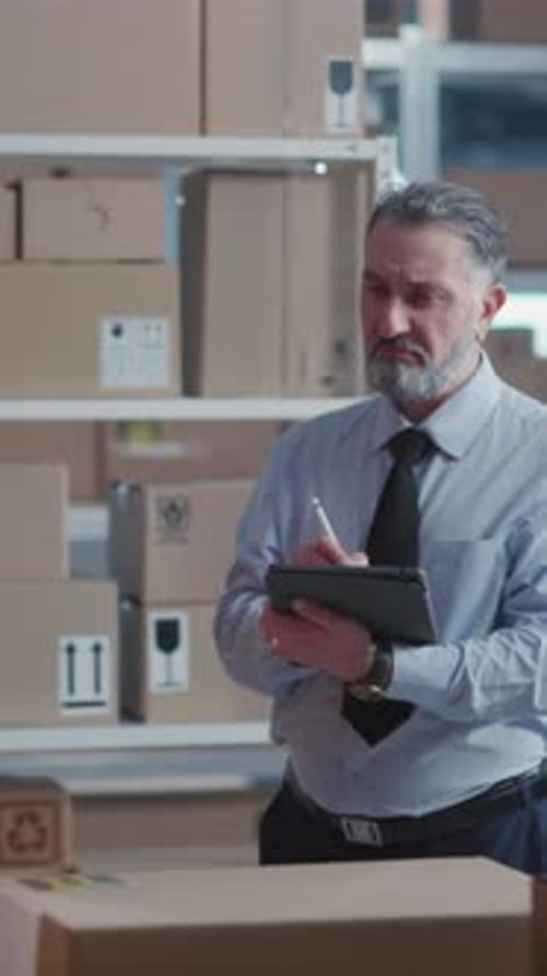 Caucasian Mature Adult Businessman Making Notes Listening to Young Colleague Storage Worker