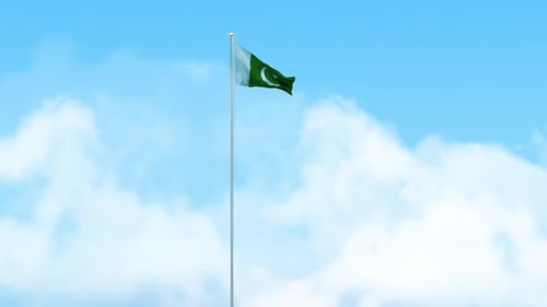 Pakistan Flag Waving on Flagpole with Clouds