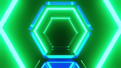Hexagon Green Tunnel With Blue Light Vj Loop Background