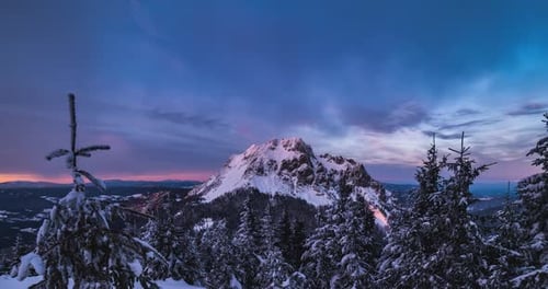 Nuages rapides dans la forêt gelée des montagnes des Alpes en hiver